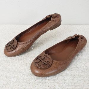 Tory Burch Reva Brown Croc Embossed Patent Leather Ballet Flats